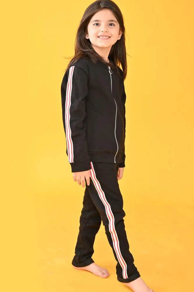 BLACK ZIP UP FLEECE GIRLS SWEATSHIRT JOGGER SET - BLACK