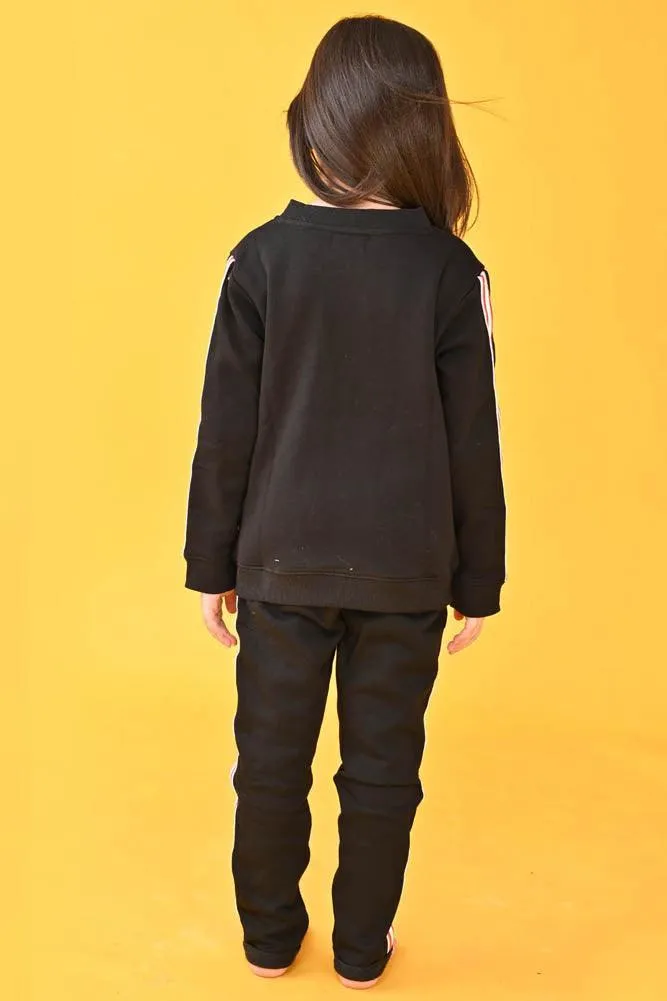 BLACK ZIP UP FLEECE GIRLS SWEATSHIRT JOGGER SET - BLACK