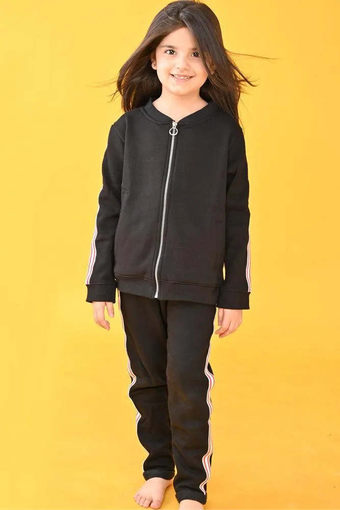 BLACK ZIP UP FLEECE GIRLS SWEATSHIRT JOGGER SET - BLACK