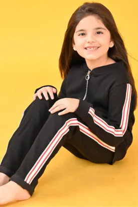 BLACK ZIP UP FLEECE GIRLS SWEATSHIRT JOGGER SET - BLACK
