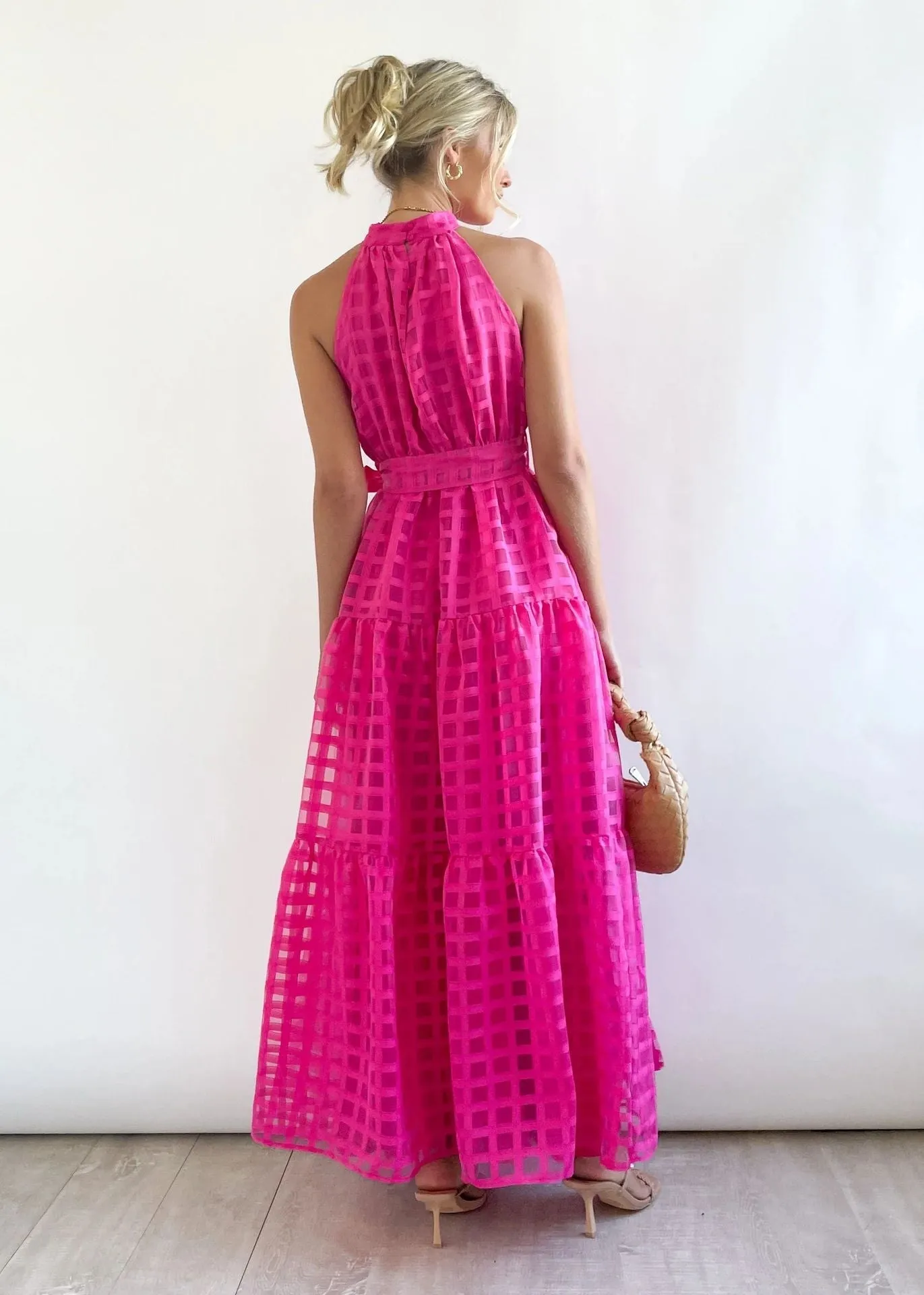 Hot Pink Halter Retro Maxi Summer Dress