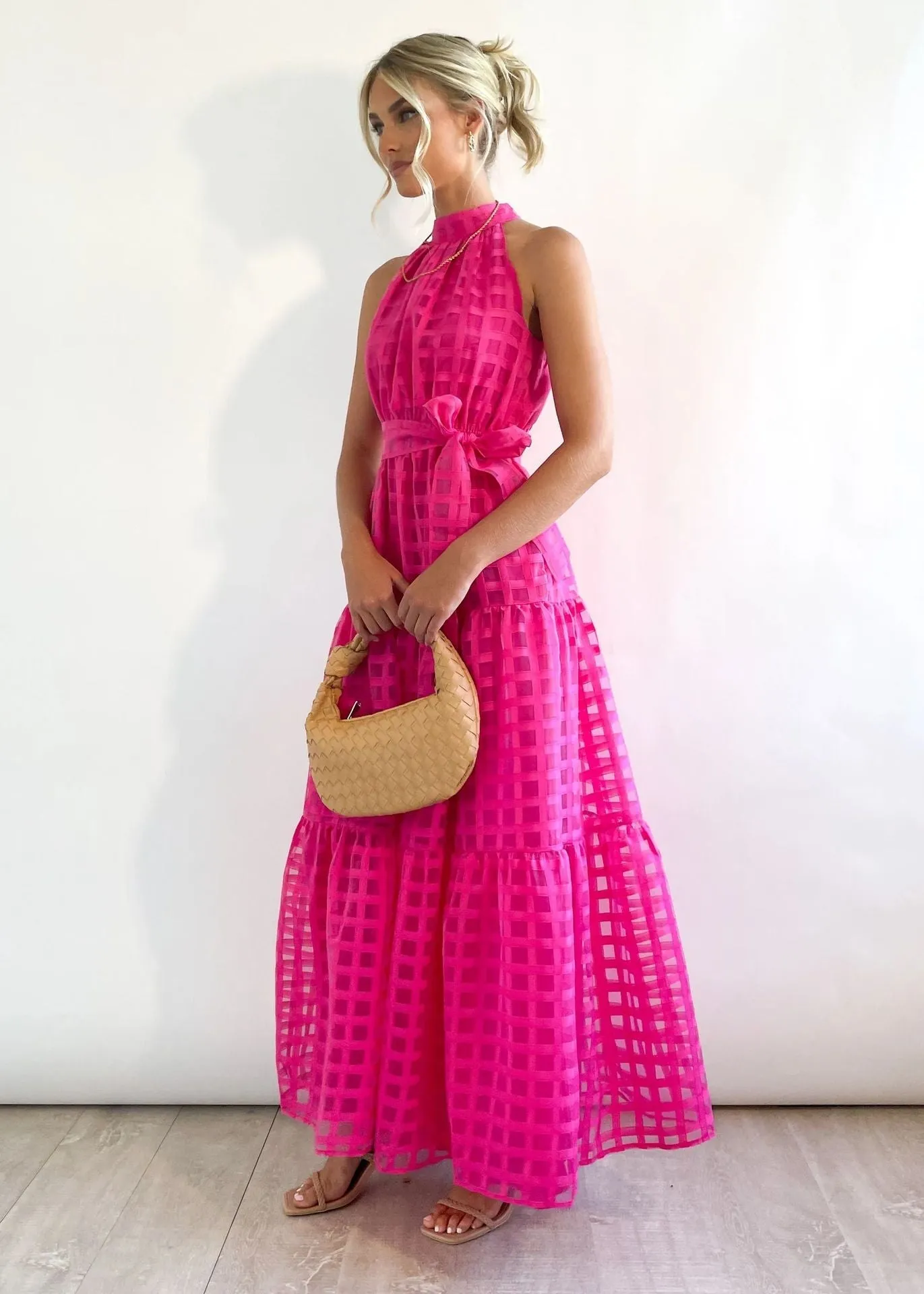 Hot Pink Halter Retro Maxi Summer Dress