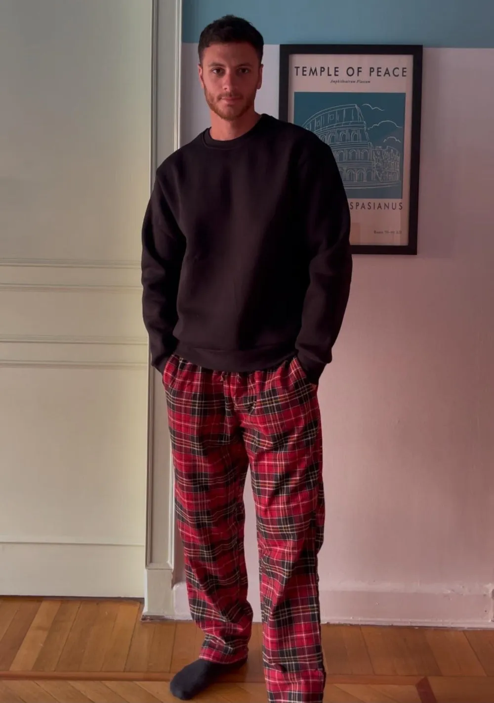 Men Winter Pajama Set Black sweatshirt   Red x Black Checkered Pants