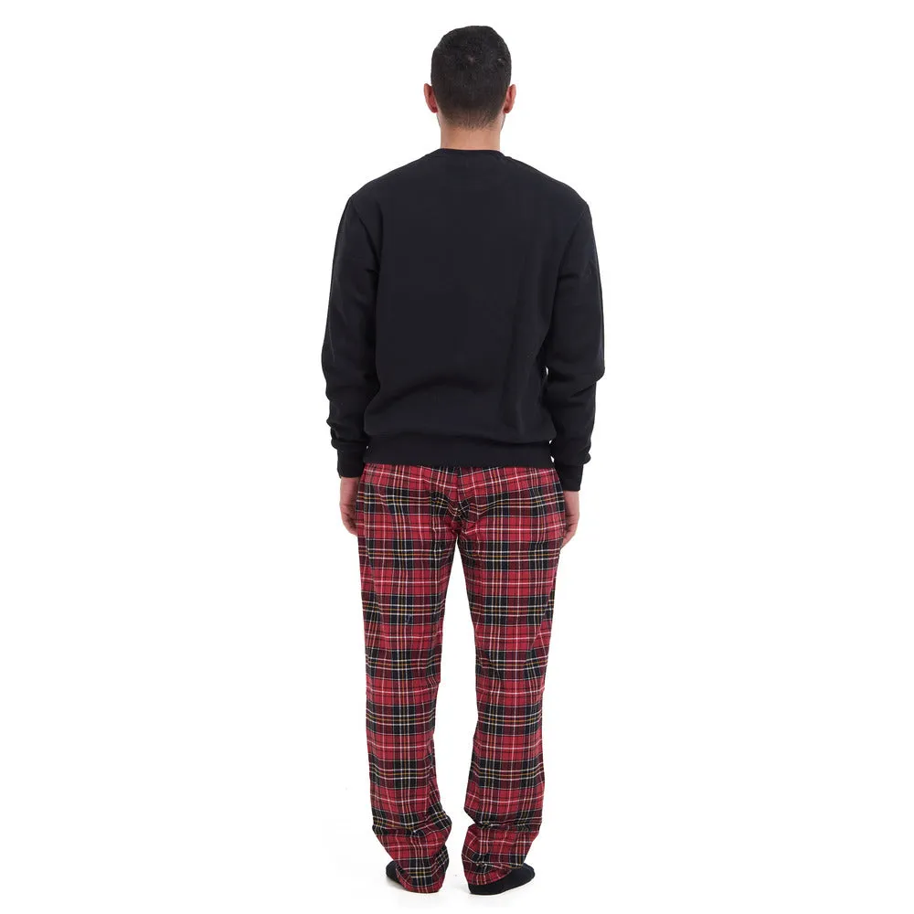 Men Winter Pajama Set Black sweatshirt   Red x Black Checkered Pants