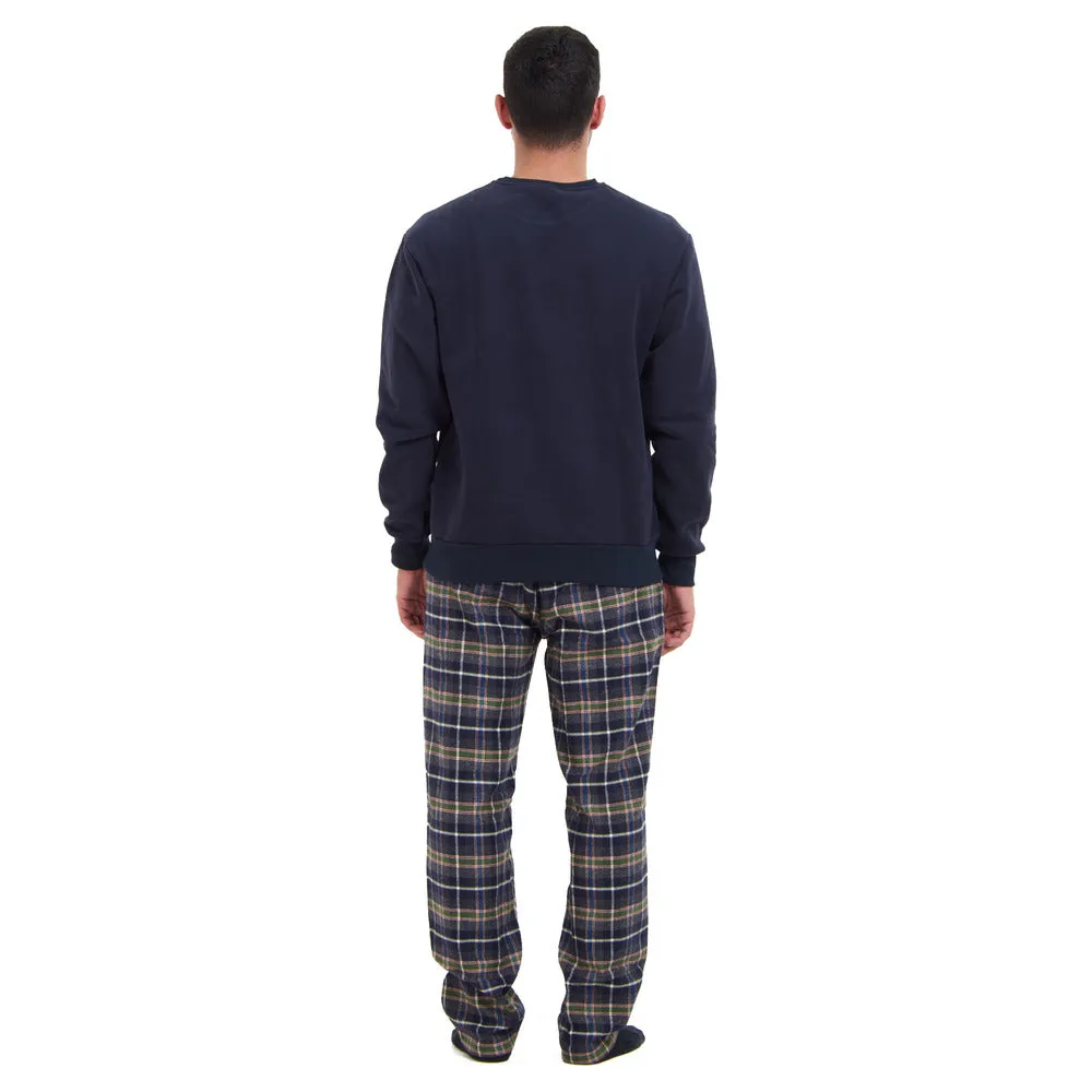 Men Winter Pajama Set Dark blue sweatshirt   Dark Blue x Olive Checkered Pants