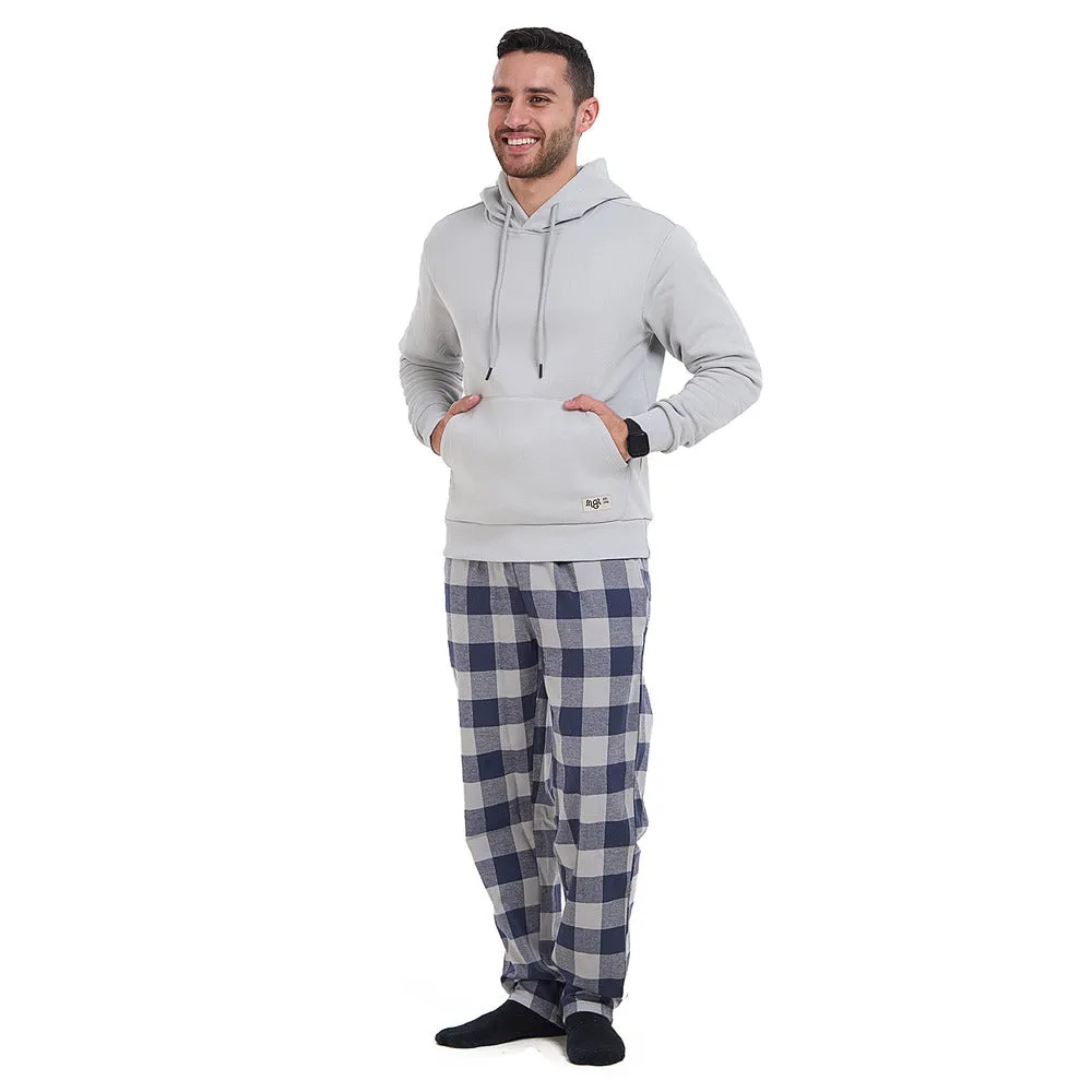 Men Winter Pajama Set Light Grey Hoodie   Blue x Light Grey Checkered Pants