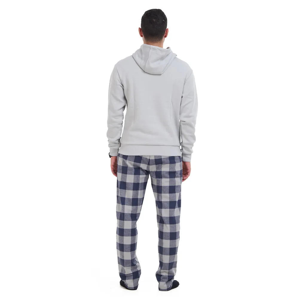 Men Winter Pajama Set Light Grey Hoodie   Blue x Light Grey Checkered Pants