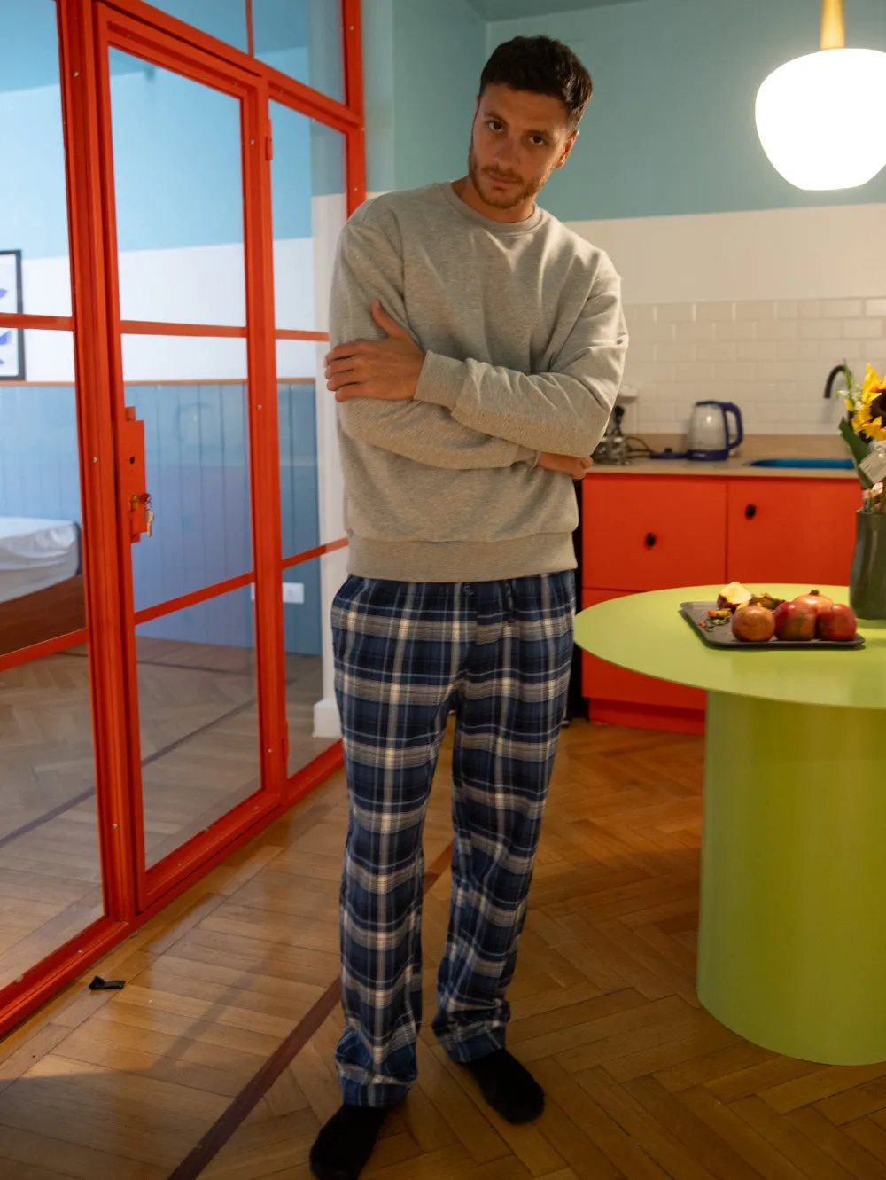 Men Winter Pajama Set Light Grey sweatshirt   Dark Blue x Light Grey Checkered Pants
