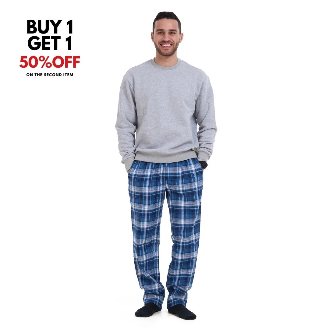 Men Winter Pajama Set Light Grey sweatshirt   Dark Blue x Light Grey Checkered Pants