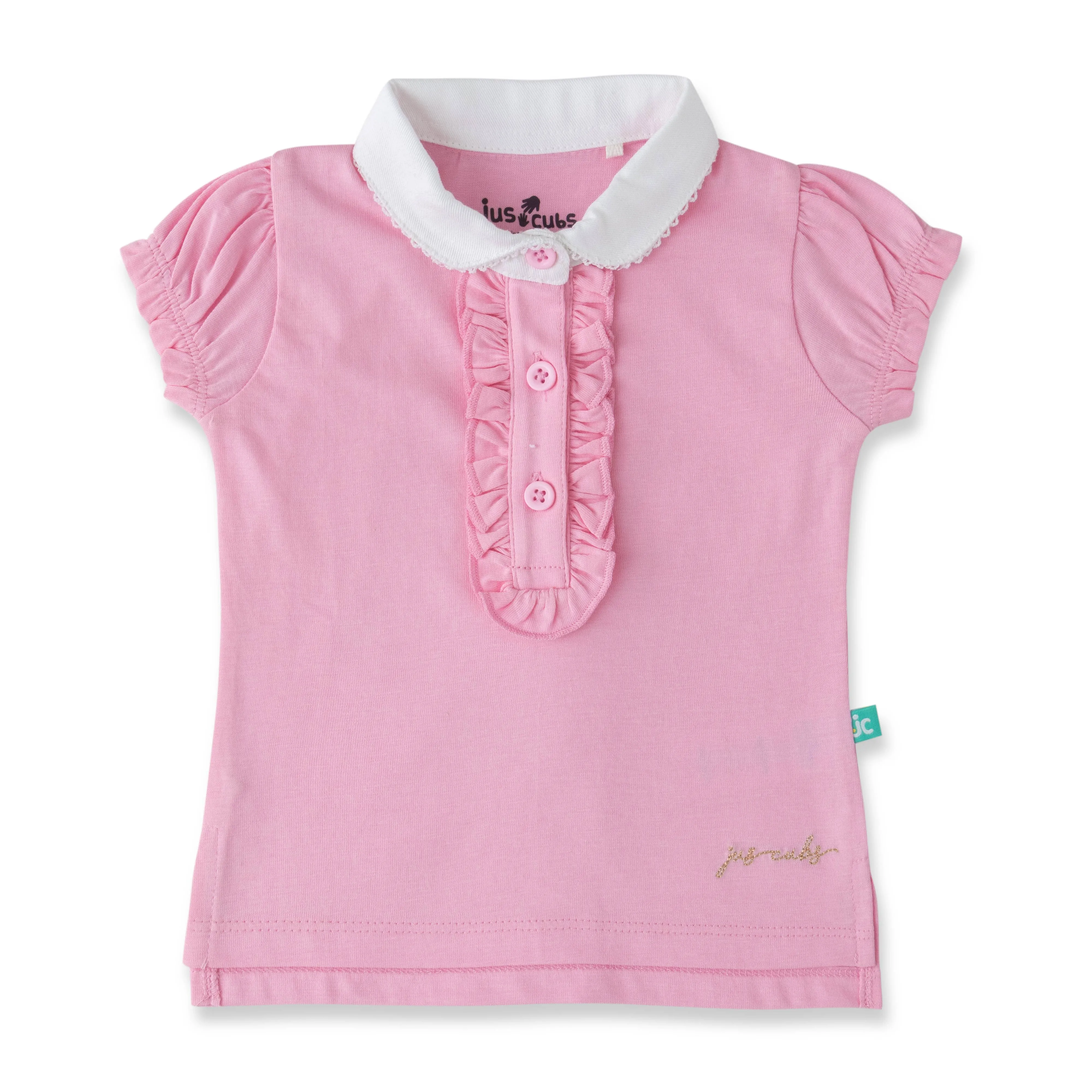 "Girls' Pink Solid Polo T-Shirt with Ruffled Button Placket , White Collar & Embroidered Logo"