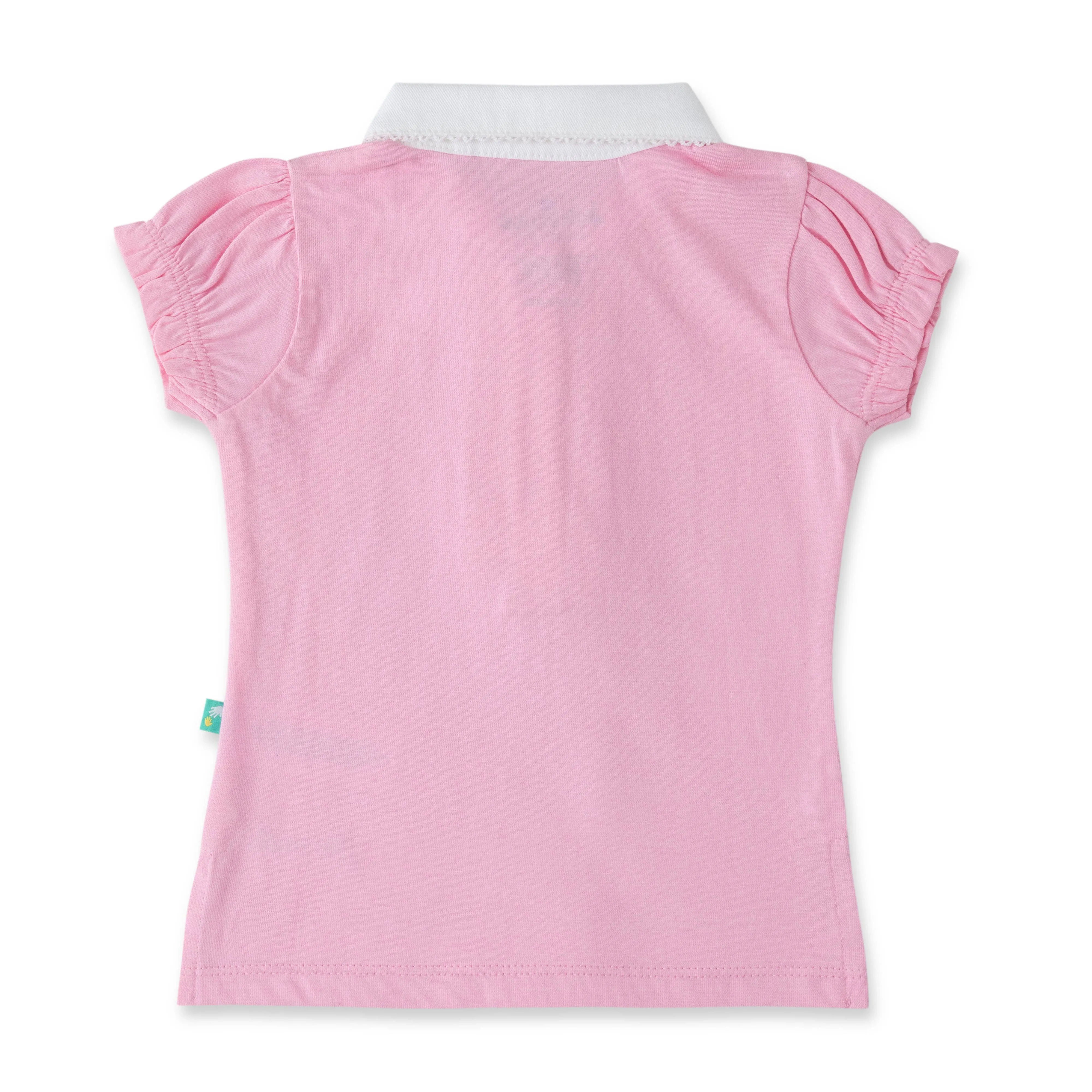 "Girls' Pink Solid Polo T-Shirt with Ruffled Button Placket , White Collar & Embroidered Logo"