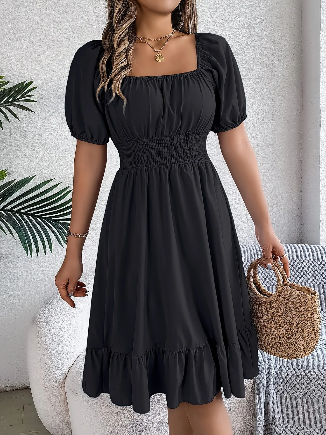 Square Neck Puff Sleeve A-Line Dress