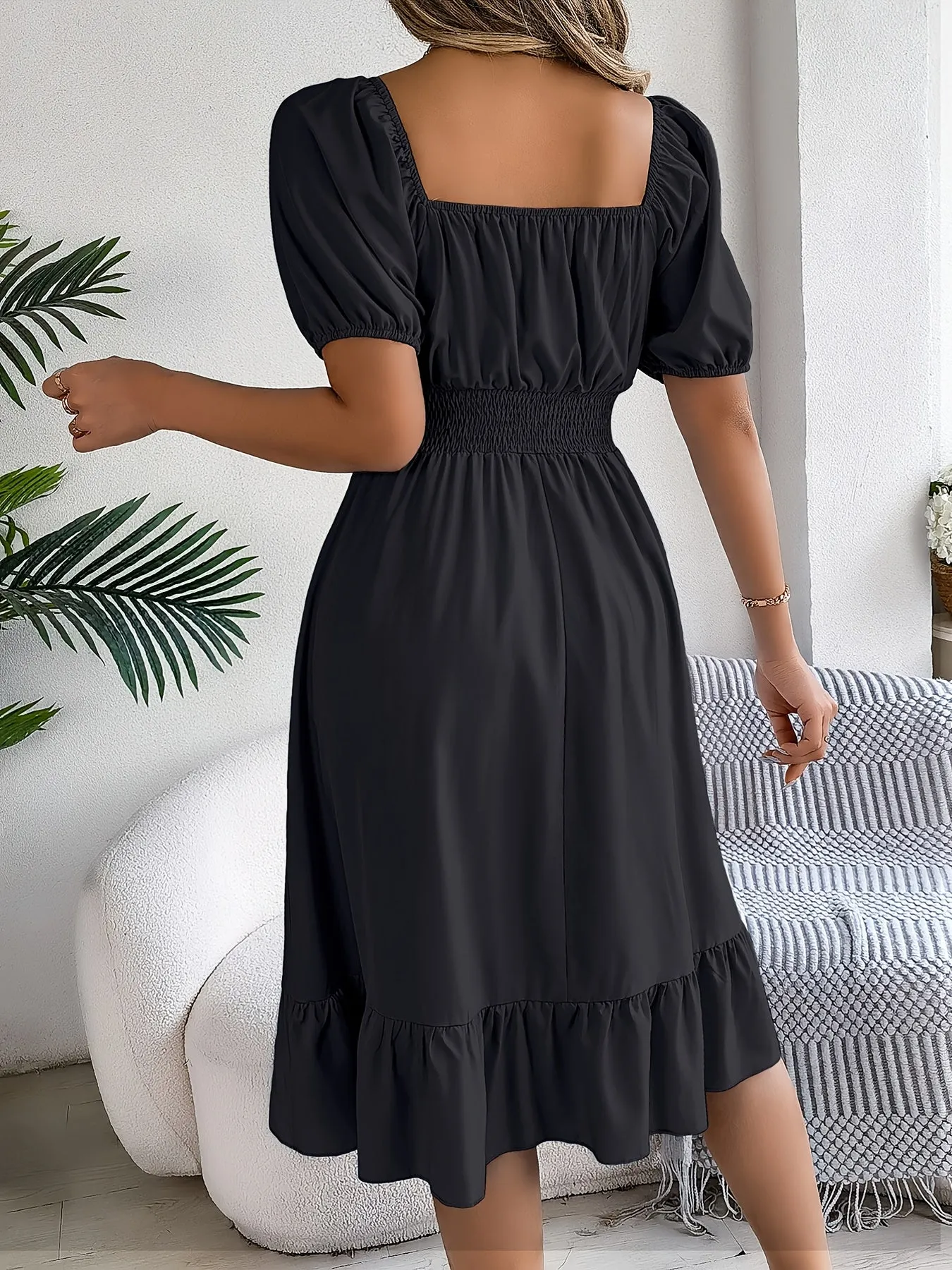 Square Neck Puff Sleeve A-Line Dress