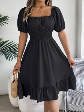Square Neck Puff Sleeve A-Line Dress