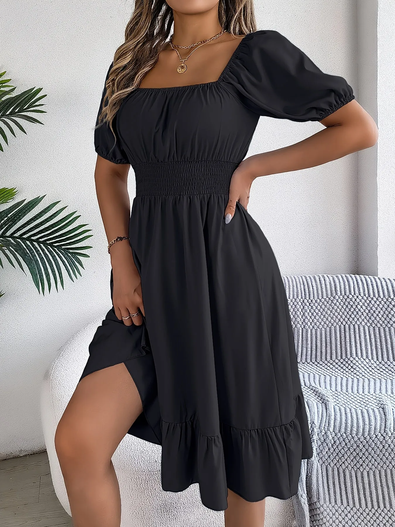 Square Neck Puff Sleeve A-Line Dress