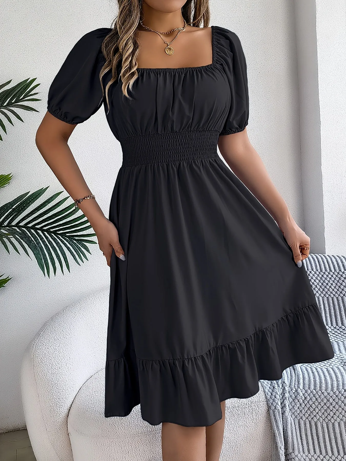 Square Neck Puff Sleeve A-Line Dress