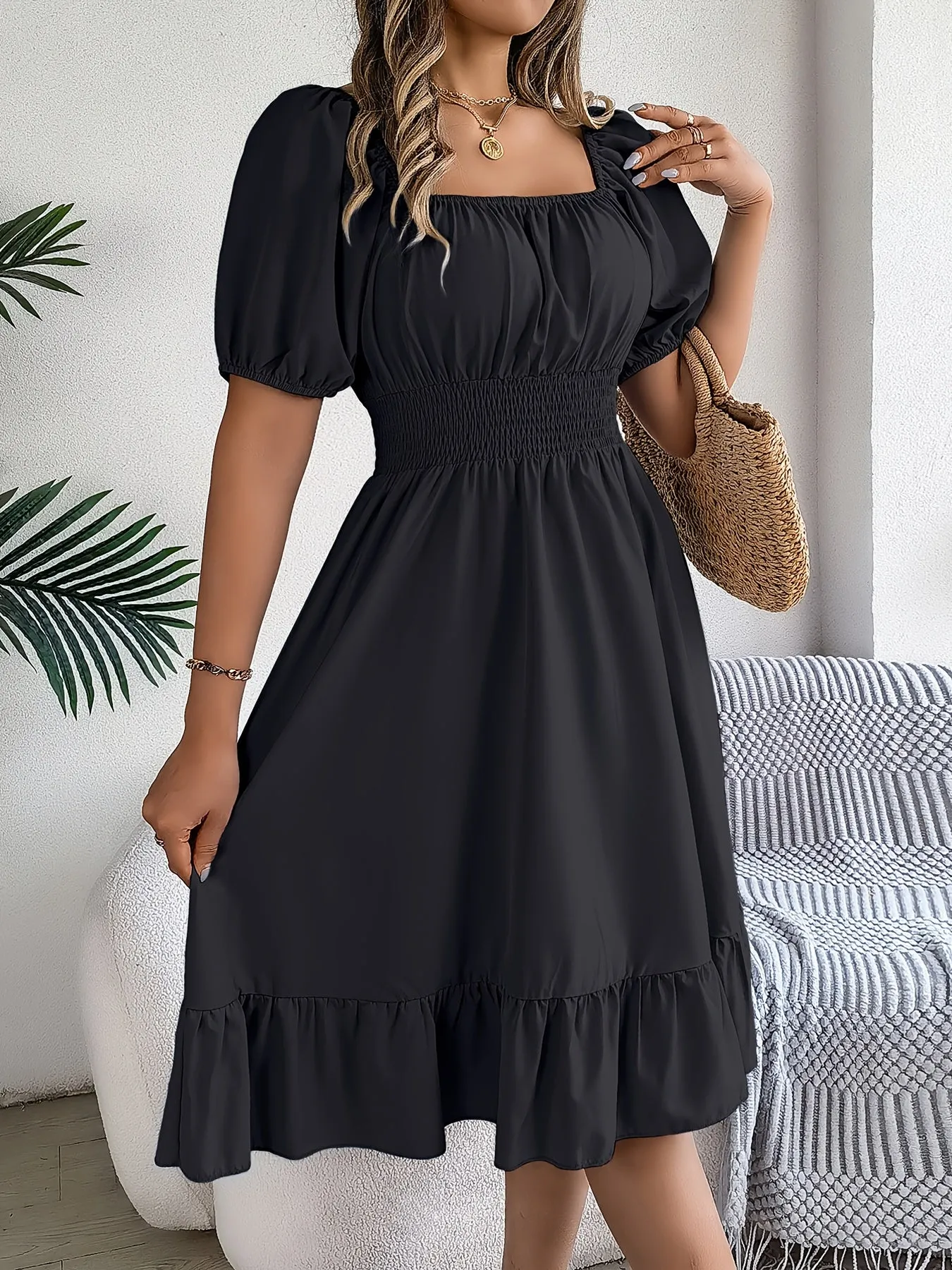 Square Neck Puff Sleeve A-Line Dress