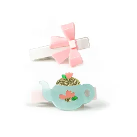 Tea Pot and Pink Bow Hair Clips