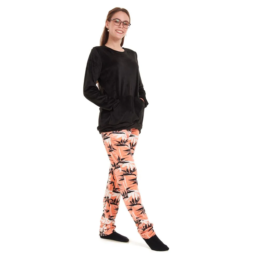 Women Winter Pajama Set Black Sweatshirt  Orange leaves Pants