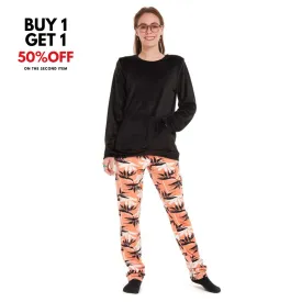 Women Winter Pajama Set Black Sweatshirt  Orange leaves Pants