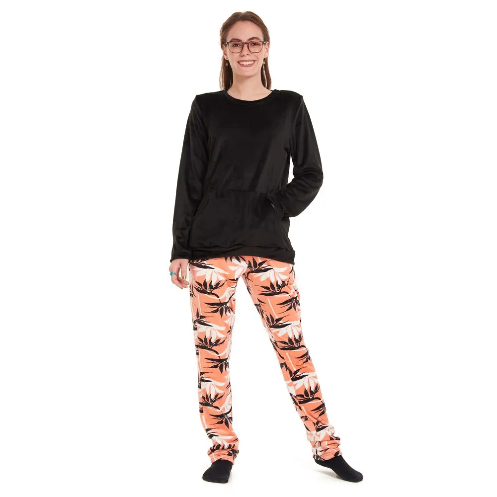 Women Winter Pajama Set Black Sweatshirt  Orange leaves Pants