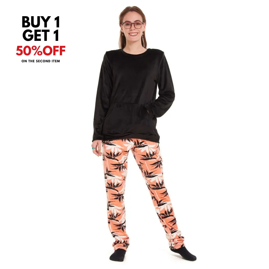 Women Winter Pajama Set Black Sweatshirt  Orange leaves Pants