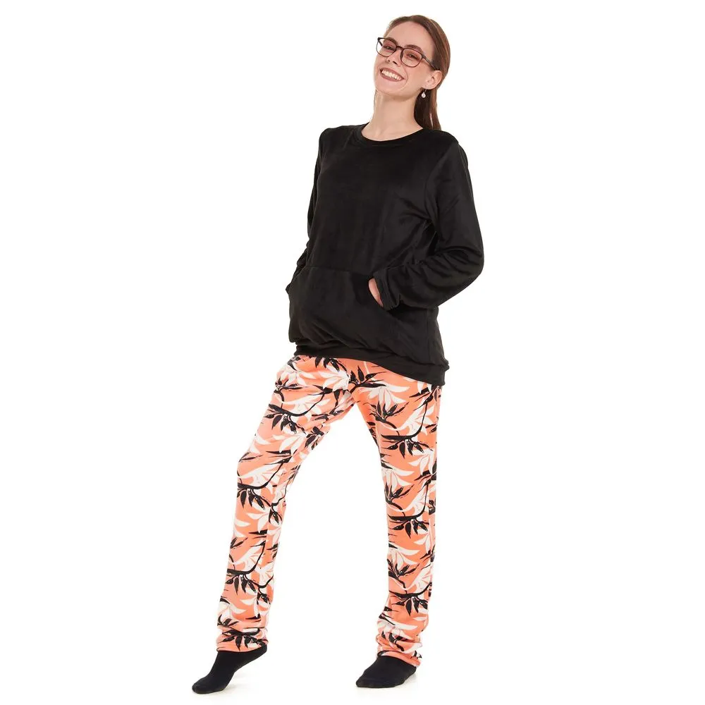Women Winter Pajama Set Black Sweatshirt  Orange leaves Pants